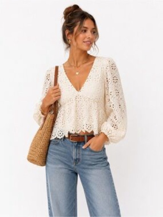 Altar'd State Tops - Altar'd State Long Sleeve Blue Crochet V-Neck Peplum Blouse, Size Medium